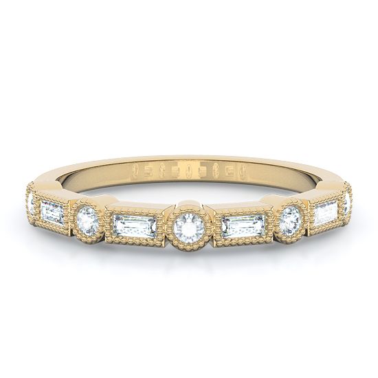 Milgrain Baguette and Rounds Diamond Ring (14K Yellow Gold)